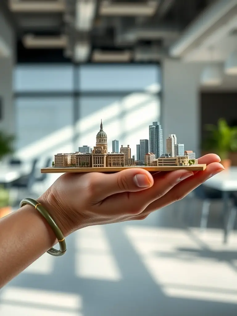 A close-up shot of a hand holding a miniature cityscape, symbolizing strategic investment in urban development and infrastructure.