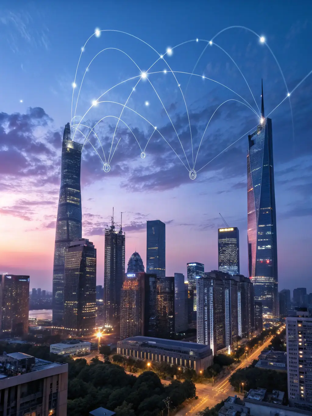 A futuristic cityscape with interconnected digital networks, representing the integration of technology and finance for smart investments.