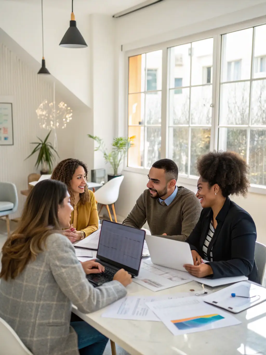 A diverse team of financial analysts collaborating in a modern office, reviewing investment portfolios and discussing strategies.